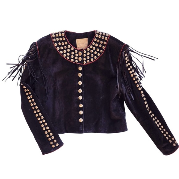 Double D Ranch Jackets & Blazers - Double D Ranch Vintage 90's Black Suede Studded Fringe Jacket with Red Trim sz L